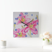  Roze Lelie Lelies Waterverf Kunstbloem Vierkante Klok (Huis)