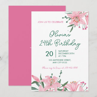 Roze Lelie Tuin Verjaardagsfeest Uitnodiging