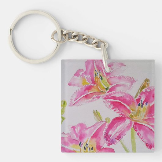 Roze lelie watercolor schilderij bloemstuk sleutelhanger (voorkant)