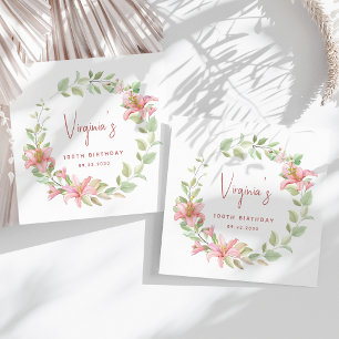 Roze Lelie Waterverf Bloemen 100ste Verjaardag Servet