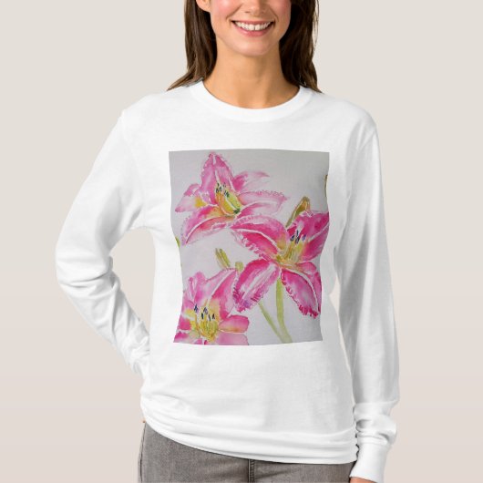 Roze Lelie Waterverf bloemen Womens T Shirt (Voorkant)