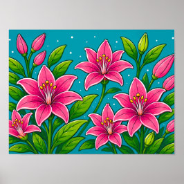 Roze leliebloemen met groen blad Illustratie Poster