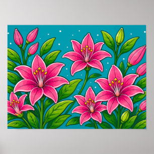 Roze leliebloemen met groen blad Illustratie Poster