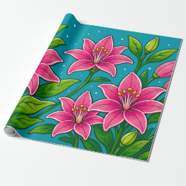 Roze leliebloemen met groene bladillustratie cadeaupapier