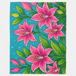 Roze leliebloemen met groene bladillustratie fleece deken