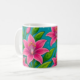 Roze leliebloemen met groene bladillustratie koffiemok