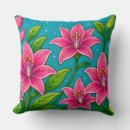 Roze leliebloemen met groene bladillustratie kussen