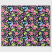 Roze lelies en blauwe vogels cadeaupapier (Vlak)