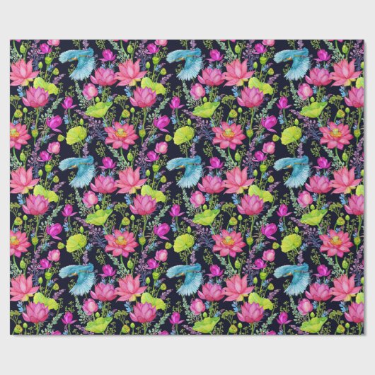 Roze lelies en blauwe vogels cadeaupapier (Vlak)