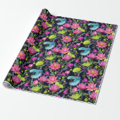 Roze lelies en blauwe vogels cadeaupapier (Uitgerold)