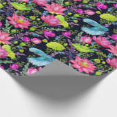 Roze lelies en blauwe vogels cadeaupapier (Hoek)