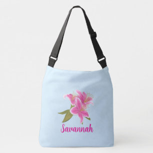 Roze Lelies op Blauwe Achtergrond  Crossbody Tas