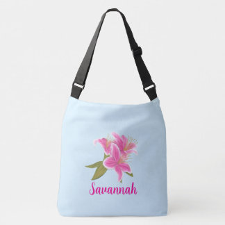 Roze Lelies op Blauwe Achtergrond Crossbody Tas