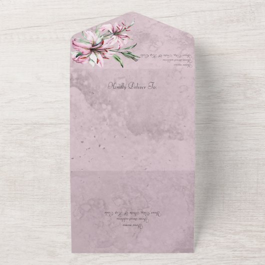 Roze Lelies op Noodlijdende Mauve met QR-code All In One Uitnodiging (Buitenkant)