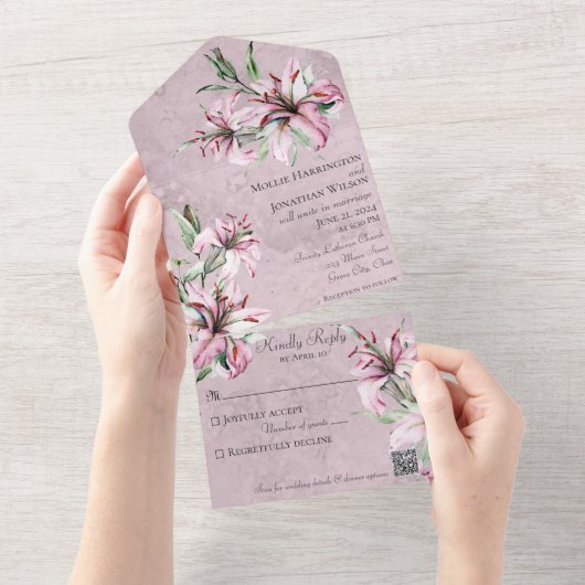 Roze Lelies op Noodlijdende Mauve met QR-code All In One Uitnodiging (Afscheurbaar)