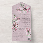 Roze Lelies op Noodlijdende Mauve met QR-code All In One Uitnodiging (Binnen)