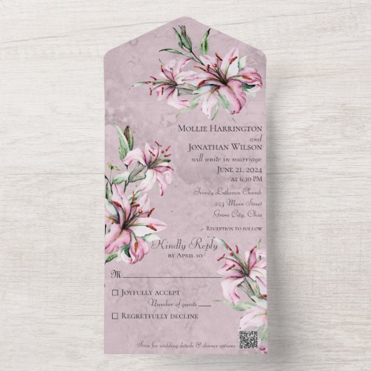 Roze Lelies op Noodlijdende Mauve met QR-code All In One Uitnodiging (Binnen)