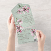 Roze Lelies op Noodlijdende Sage Groen met QR Code All In One Uitnodiging (Afscheurbaar)