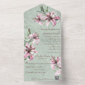 Roze Lelies op Noodlijdende Sage Groen met QR Code All In One Uitnodiging (Binnen)