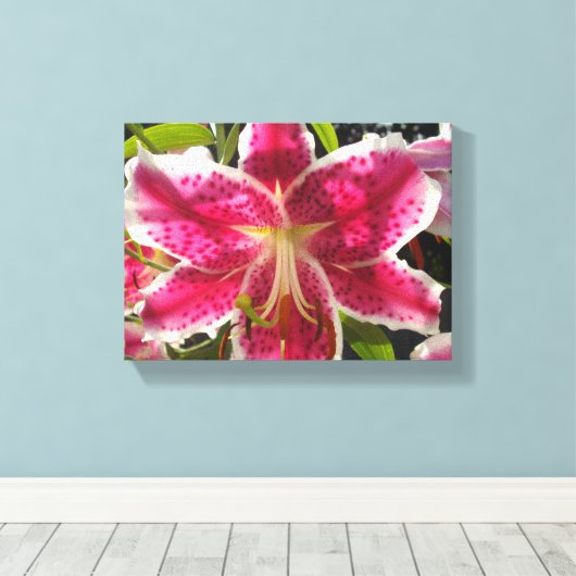Roze lelies roze tropische bloemen roze bloemig canvas afdruk (Insitu (Houten vloer))