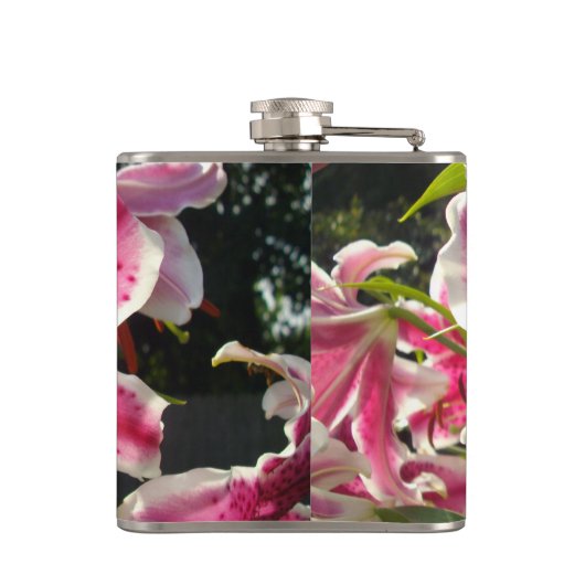 Roze lelies roze tropische bloemen roze bloemig heupfles (Achterkant)