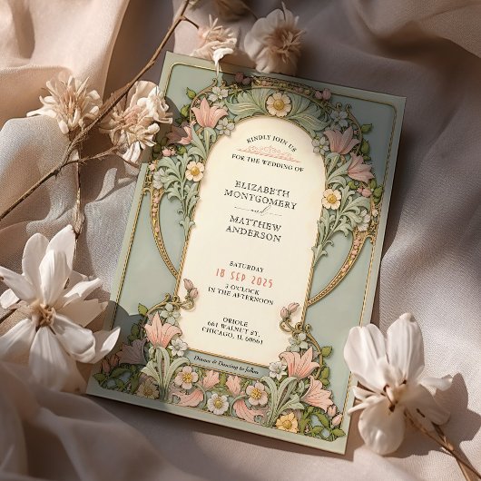 Roze lelies Spring Art Nouveau bruiloft Kaart