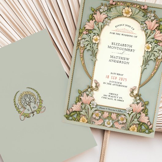 Roze lelies Spring Art Nouveau bruiloft Kaart