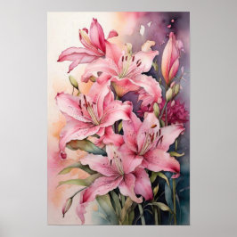 Roze Lelies - Waterverf Bloemen - Bloemenkunst Poster