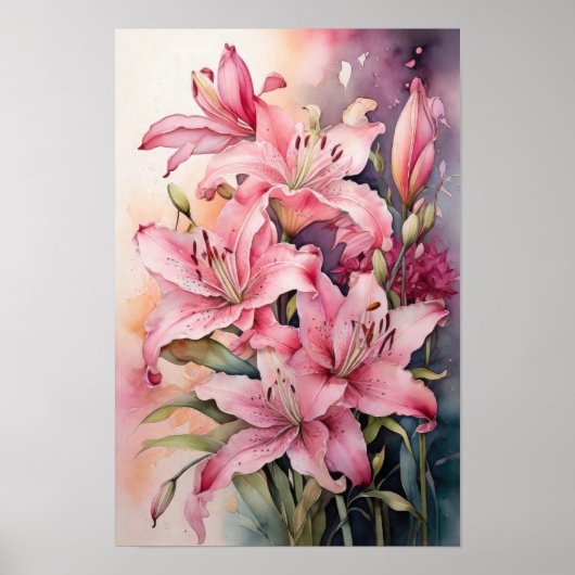 Roze Lelies - Waterverf Bloemen - Bloemenkunst Poster (Voorkant)