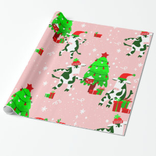 Roze Lelijke Kerstboom koe Cadeaupapier