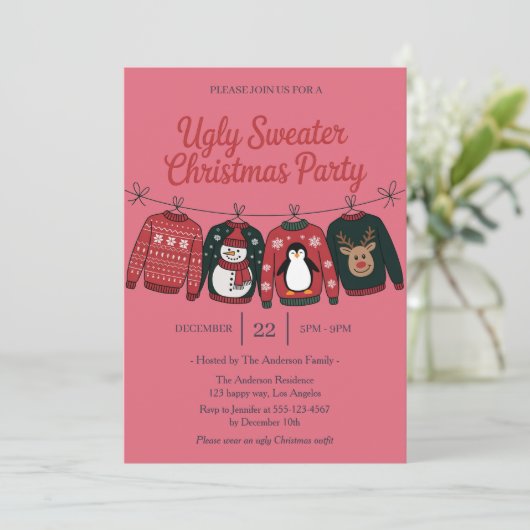 Roze Lelijke Trui Vakantie Party | Leuke kerst Kaart (Staand voorkant)