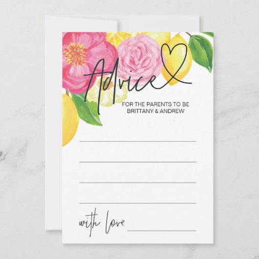 Roze Lemon Floral Baby shower Advice Game Card Kaart (Voorkant)