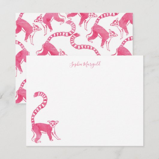 Roze Lemur gepersonaliseerde briefpapier Notitiekaartje (Voorkant / Achterkant)