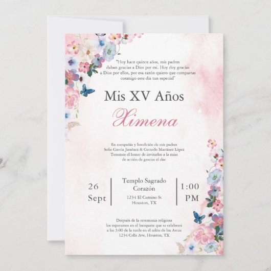Roze lente bloem Quinceañera uitnodiging (Voorkant)