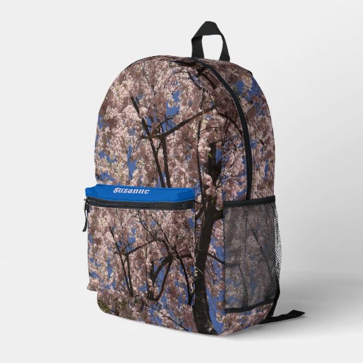 Roze lente bloem Umbrella Blue Sky Bedrukte Rugzak (Achterkant Hoek Rechts)