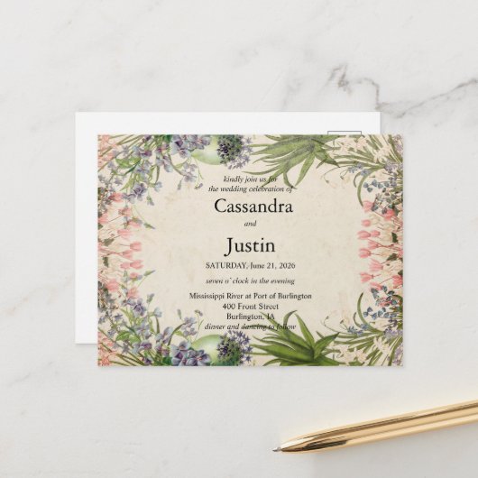 Roze lente bloemenbruiloft uitnodigen briefkaart (Voorkant / Achterkant in situ)