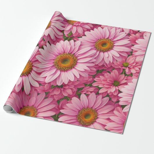 Roze lente bloemenroze madeliefjes retro roze bloe cadeaupapier (Uitgerold)