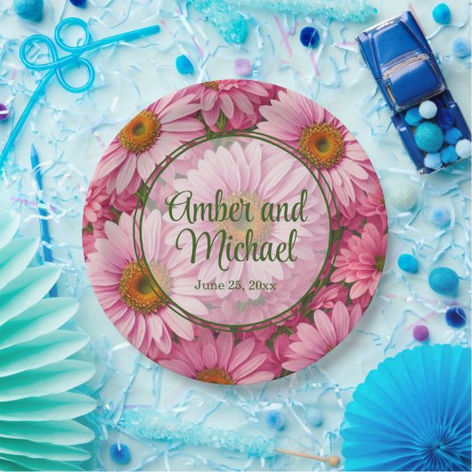 Roze lente bloemenroze madeliefjes retro roze bloe papieren bordje (Feest)