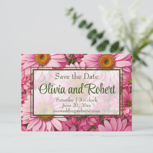 Roze lente bloemenroze madeliefjes retro roze bloe save the date (Staand voorkant)