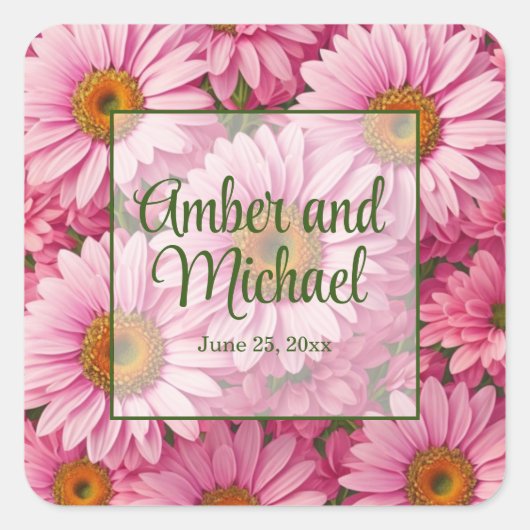 Roze lente bloemenroze madeliefjes retro roze bloe vierkante sticker (Voorkant)