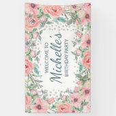 Roze Lente Bloemige Groene Verjaardag Spandoek (Verticaal)