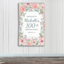 Roze Lente Bloemige Groene Verticale Verjaardag Spandoek