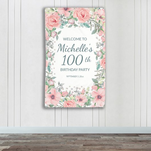 Roze Lente Bloemige Groene Verticale Verjaardag Spandoek