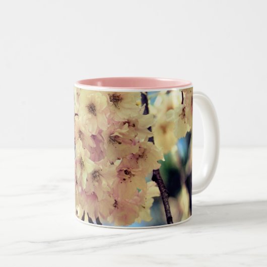 Roze lente bloesems tweekleurige koffiemok (Voorkant rechts)