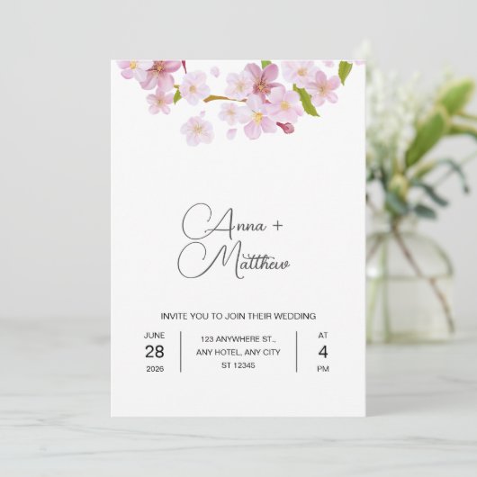 Roze lente kersenbloem bruiloft uitnodiging Kaart (Staand voorkant)