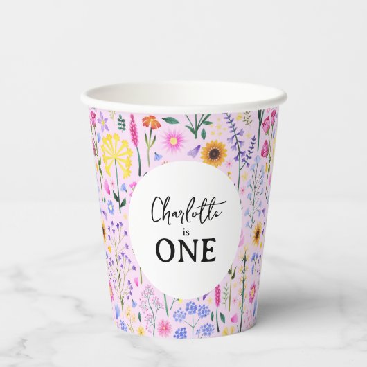 Roze Lente Wildbloemen Baby meisje eerste verjaard Papieren Bekers (Achterkant)