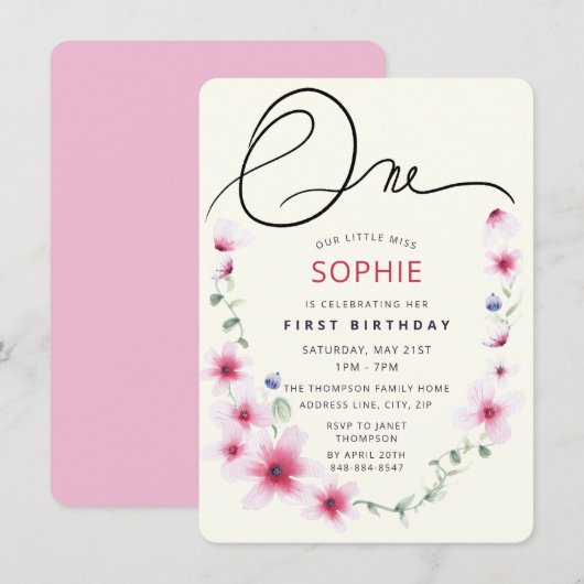 Roze lente wilde bloemen met onze kleine Miss One Kaart (Voorkant / Achterkant)