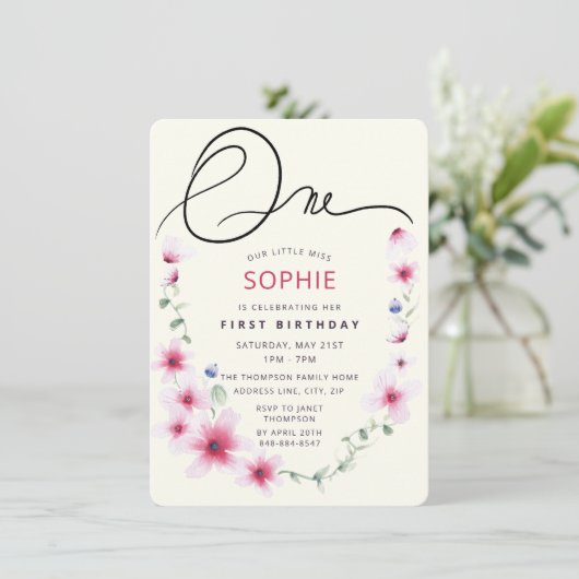 Roze lente wilde bloemen met onze kleine Miss One Kaart (Staand voorkant)