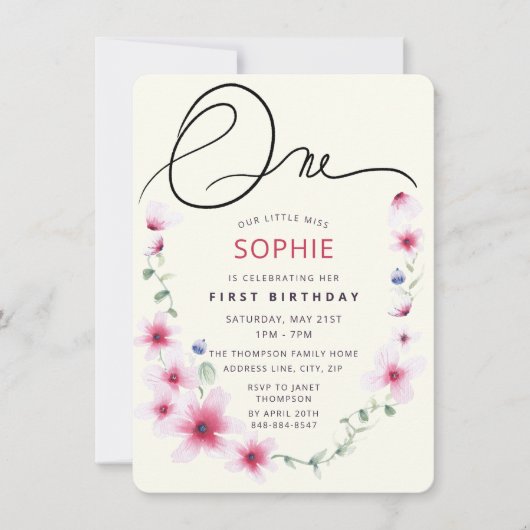 Roze lente wilde bloemen met onze kleine Miss One Kaart (Voorkant)