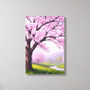 Roze Lentedroom: Rivierprint met Kersenbloesem Canvas Afdruk
